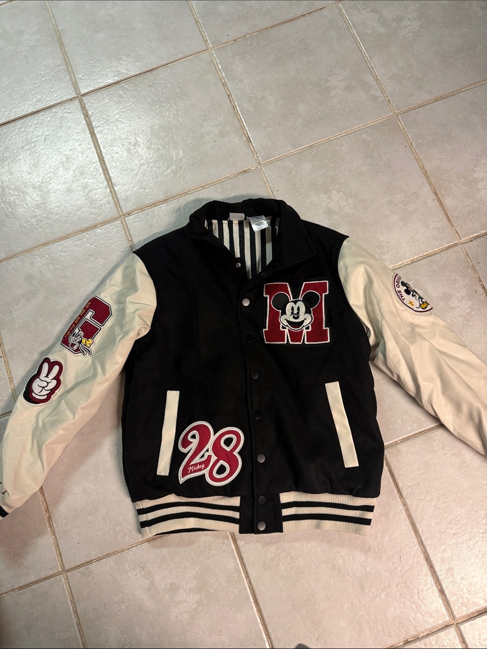 Disney Black and Cream Mickey Varsity Jacket with Maroon Patches